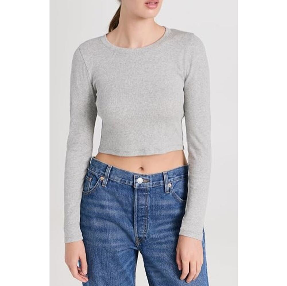 New Madewell Heather Gray Crop Ribbed Modal Long Sleeve Top Size Medium